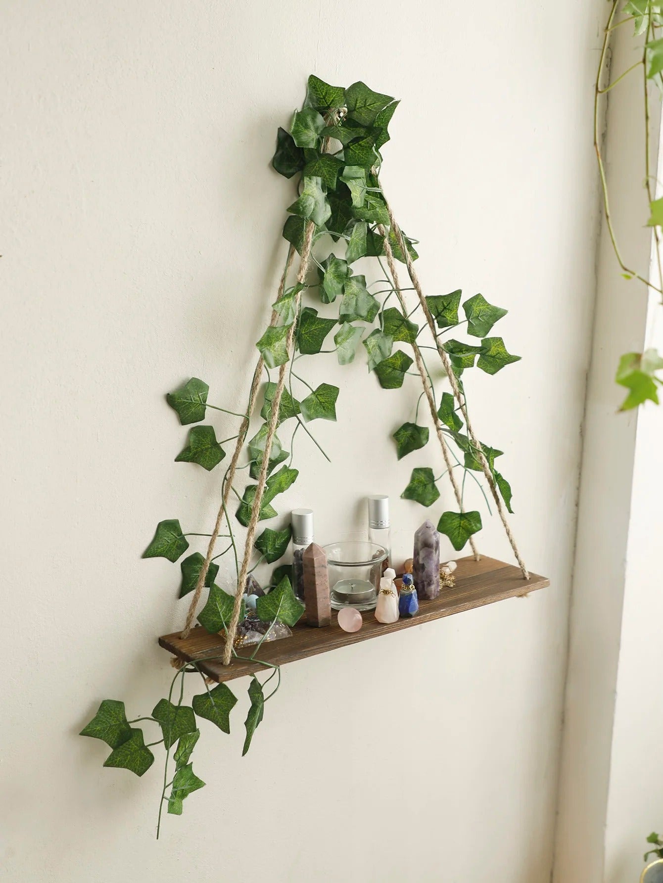 Artificial Ivy Illuminated Wood Shelf