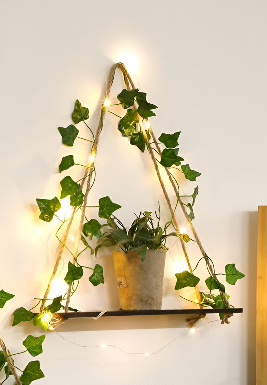 Artificial Ivy Illuminated Wood Shelf